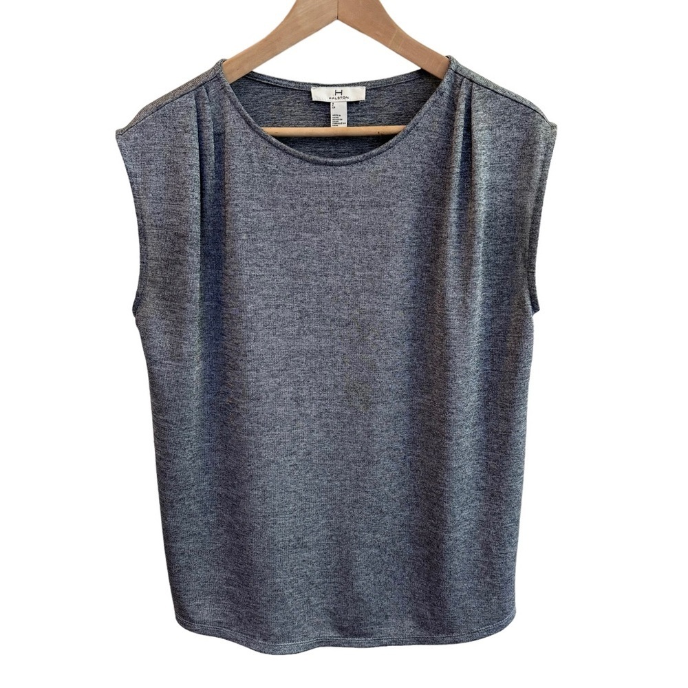 H by Halston Top Size Small Gray Pleated Neck Cap Sleeve Raindrops Grey Designer